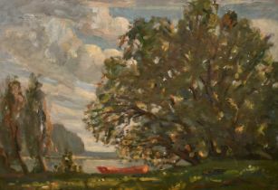 John Brown (20th Century), a red rowing boat by lake, oil on board, signed with initials, 10" x