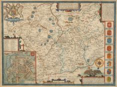 John Speed, a 17th Century map hand coloured map, 'Leicester both county and citie described, the