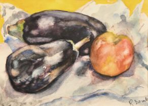 Rose Domb (20th Century), a still life study of aubergines and an apple, watercolour, signed, 10"
