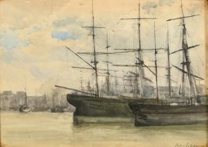 Jules Lessore (1849-1892) French, 'Port de Rouen' tall ships moored in a city quay, watercolour,