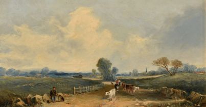 Attributed to E. J. Niemann, a wayfarer resting on a country track with cattle nearby, oil on board,