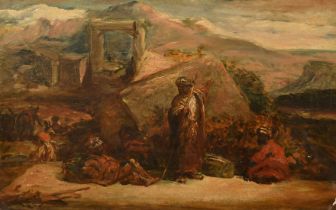 Circle of William James Muller, Arab figures on a ridge with mountains beyond, oil on canvas, 14"