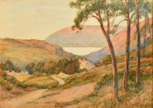 John Fullwood (1854-1931), cottages in a valley with a view of a bay beyond, watercolour, signed,