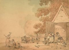 After Rowlandson, a hand coloured etching of figures in a farmyard, 7" x 9.75" (18 x 25cm).