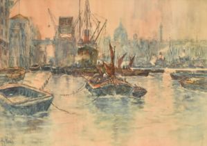 Harry Woods (1864-1929), barges on the Thames, watercolour, signed, 10" x 14" (25 x 36cm).