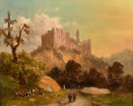 19th Century, hunters and wayfarers by an encampment with a castle beyond, oil on canvas,