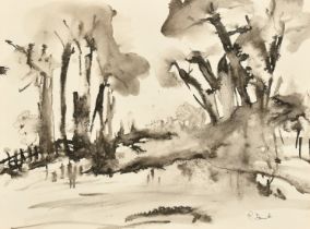 Rose Domb (20th Century), a view through trees, ink and wash, signed, 11" x 14" (28 x 36cm).