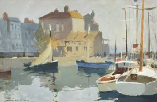 Edward Wesson (1910-1983), boats in a harbour, gouache and watercolour, signed, 12.5" x 19" (32 x