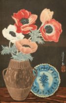 Mokuchu Urushibara (1888-1953), still life of flowers, woodcut in colours, signed in pencil, 12" x