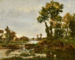 Circle of Delpy, Late 19th Century French School, a river landscape with dusk approaching, oil on