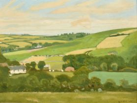 Robert Morson Hughes (1873-1953), farm buildings in a landscape of patchwork fields, oil on board,