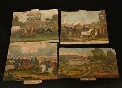 A collection of hand coloured engravings of racing and hunting subjects, unframed, some a/f, (q).