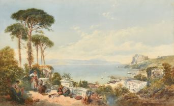 Circle of Richardson, figures on a terrace overlooking an Italian bay, watercolour, bears signature,