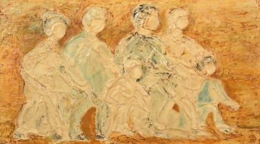 Rose Domb (20th Century), a gathering of figures travelling, oil on board, dedicated verso, 12" x