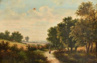 Louis Bates (late 19th Century), wayfarer on a country path with a distant view beyond, oil on