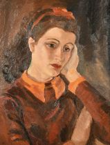 Mid-20th Century English School, a bust length portrait of a pensive lady, oil on canvas, 24" x