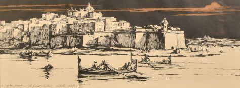 Circa 1970, a pair of tinted prints of views of the Grand Harbour Valletta, Malta, 8.25" x 22" (21 x