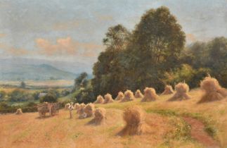 Josiah Clinton Jones (1848-1936), figures resting at harvest time with a distant view beyond, oil on