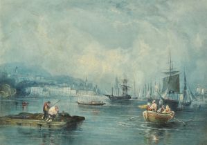 Thomas Hart, a busy shipping scene off a Continental port, signed, watercolour with scratching