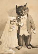 After Louis Wain, 'Pussy's Wedding', ink and watercolour, 12" x 9" (30 x 23cm), with Michael