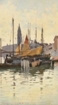 Alberto Prosdocimi (1852-1925), boats drying their sails in a Venetian quay, watercolour, signed,