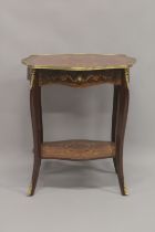 A LOUIS XVITH DESIGN INLAID RECTANGULAR TOP TABLE with curving legs and under tier. 2ft wide x 2ft