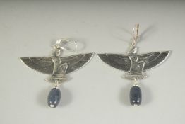 A PAIR OF SILVER DECO DESIGN EARRINGS.