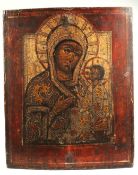 A 19TH CENTURY RUSSIAN ICON OF A MOTHER AND CHILD. 27cms x 51cms.