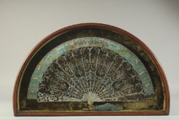 A SUPERB VICTORIAN, POSSIBLY FRENCH, MOTHER-OF-PEARL AND PAPER FAN with gilded decoration and