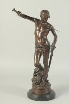 MARIUS JEAN ANTONIN MERCIE (1845-1916). A GOOD BRONZE GROUP OF DAVIDE E GOLIA. Signed, on a wooden