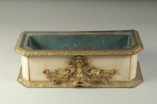 A GOOD EARLY 19TH CENTURY FRENCH ORMOLU AND MARBLE JARDINIERE with copper liner. 17ins long x 6.5ins