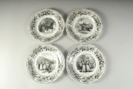 A SET OF FOUR FRENCH TRANSFER PRINTED PLATES. 7.5ins diameter.