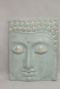 A LARGE BLUE BUDDHA PLAQUE. 3ft 9ins x 2ft 9ins.