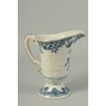 AN 18TH CENTURY ROUEN BLUE AND WHITE DELFT PATTERN JUG with carrying handle. 8ins high.