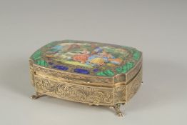 A SUPERB .800 SILVER AND PORCELAIN RUSSIAN JEWELLERY BOX, the lid with figures and sheep, LADORO,