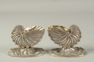 A GOOD PAIR OF VICTORIAN CAST SILVER SHELL SALTS. London 185, weight: 10ozs.