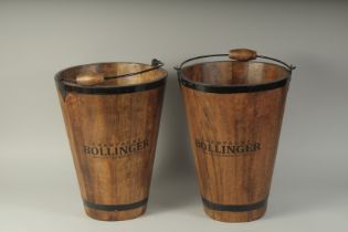 A PAIR OF BOLLINGER WOODEN ICE BUCKETS. 16ins high.