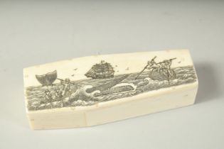 AN ETCHED BONE COFFIN AND SKELETON etched with a whaling scene. 4ins high.