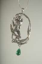 A SILVER DECO DESIGN PENDANT AND CHAIN.