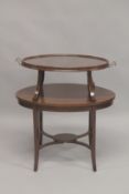 AN EDWARDIAN INLAID MAHOGANY TWO TIER TRAY TOP ETAGERE, on curving legs. 2ft 5.5ins long x 1ft