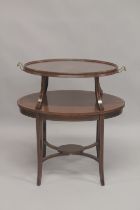 AN EDWARDIAN INLAID MAHOGANY TWO TIER TRAY TOP ETAGERE, on curving legs. 2ft 5.5ins long x 1ft