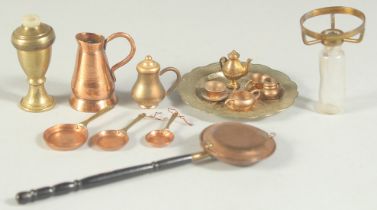 A MINIATURE WARMING PAN, JUG, TRAY, LAMP and miniature copper items.