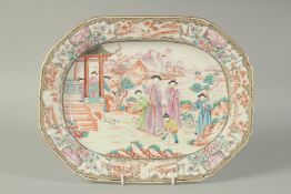 A RARE DERBY DISH, CIRCA 1785, painted in rose enamel, with a MANDARIN PATTERN. 13.5ins long x 10.