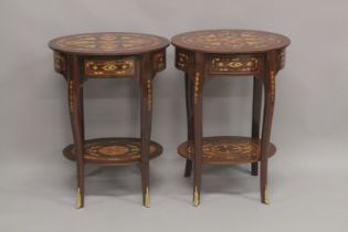 A PAIR OF LOUIS XVITH DESIGN OVAL INLAID BEDSIDE TABLES with single drawer on curving legs with