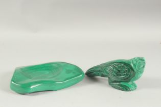 A CARVED MALACHITE BIRD. 7ins long and an Ashtray, 7ins diameter. (2).