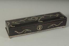 A GOOD 19TH CENTURY FRENCH ROSEWOOD INLAID DOMED TOP WRITING PEN BOX on a plated stand. 12ins long x