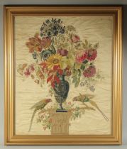 A SUPERB QUALITY SILKWORK PICTURE of a classical urn of flowers with two parakeets. 30ins x 24ins in