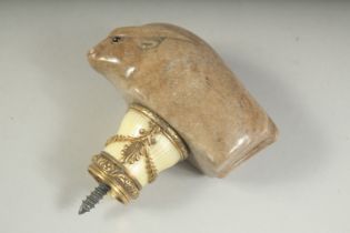 A VERY GOOD RUSSIAN SILVER AND CARVED HARDSTONE BISON WALKING CANE HANDLE. 3ins high, boxed.