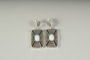 A PAIR OF SILVER, ONYX AND OPAL DECO STYLE EARRINGS, boxed.