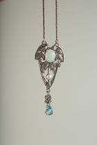 A SILVER BLUE TOPAZ, PEARL AND OPAL NECKLACE, boxed.